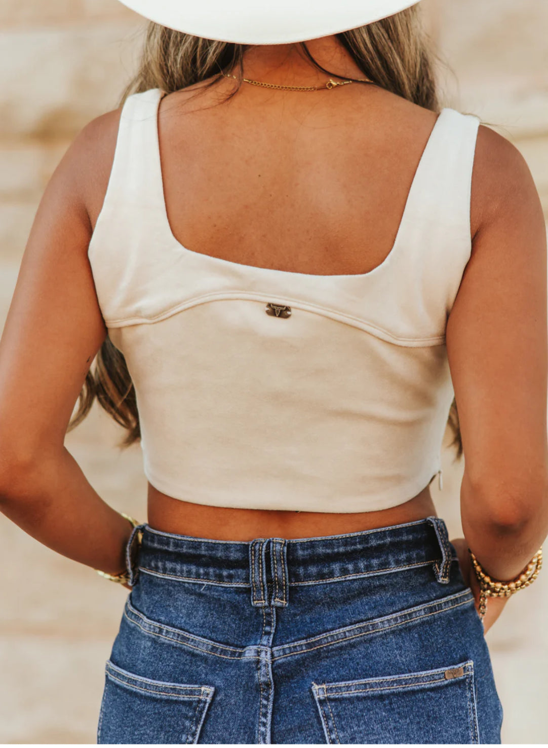 Ivory Stretch Suede Boot Stitch Embroidered Concho Button Top