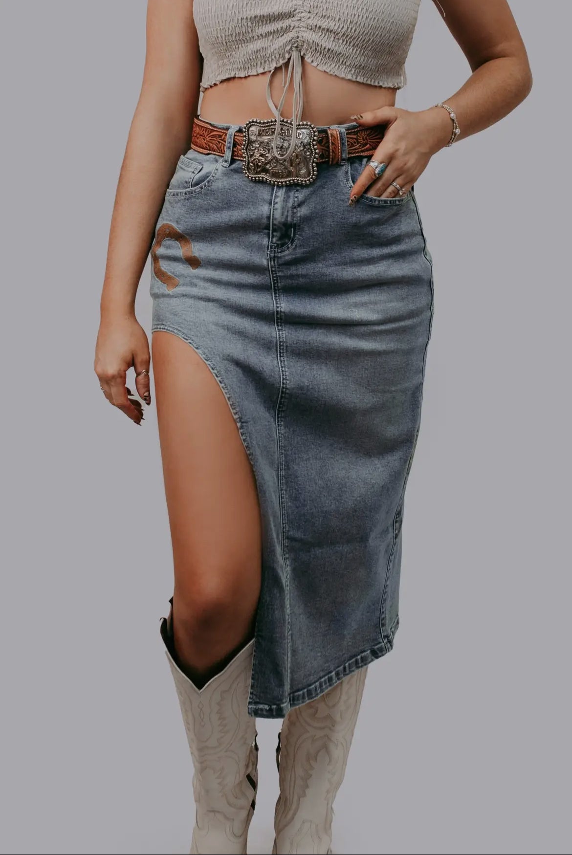 Horse Shoe Cutout Denim Skirt