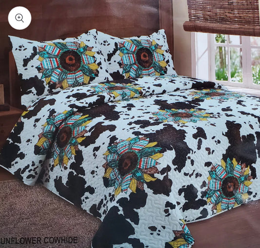 Sunflowers & Cow Print 3pc Bedspread Set