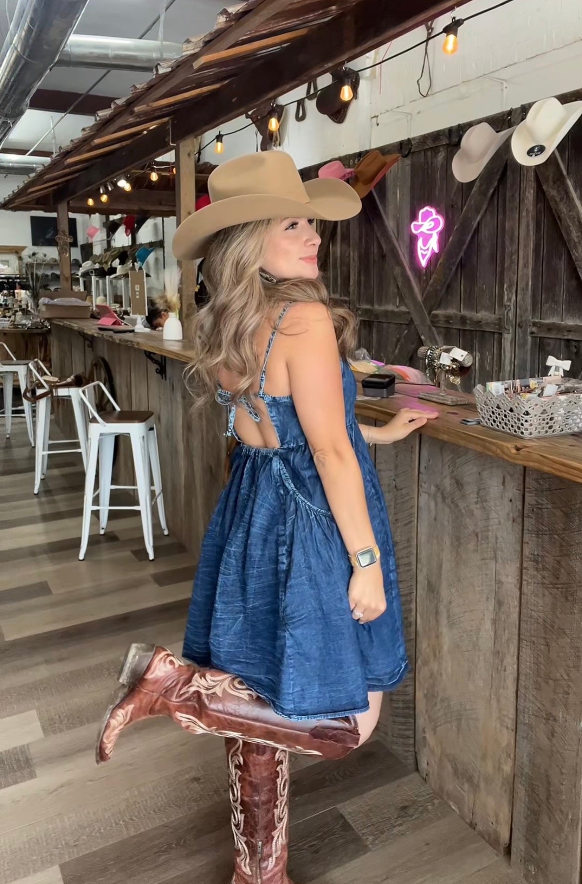 Strap Button Up Denim Dress