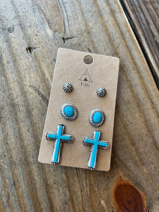 Turquoise/Silver Cross & Stud Earrings ✨