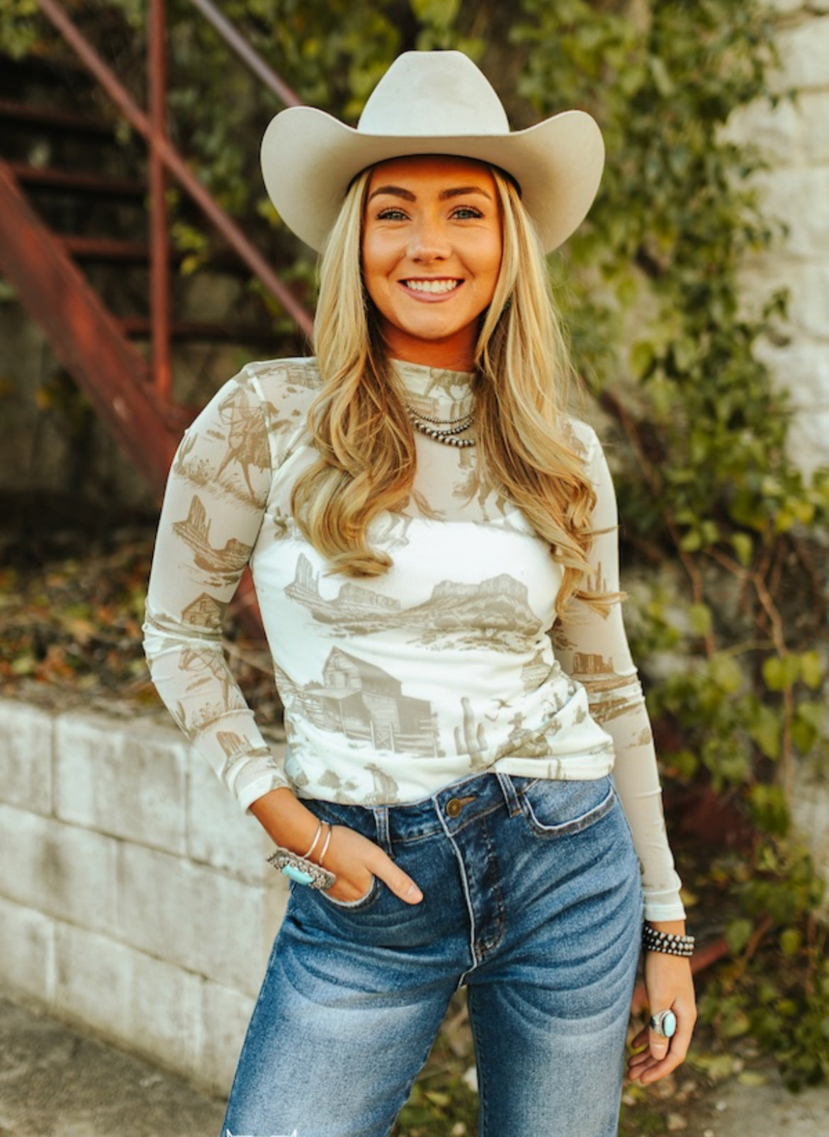 Beige Cowboy Horse Desert Mesh Long Sleeve Top