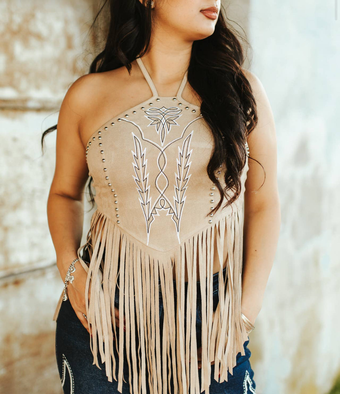 Sand Suede Halter Fringe Top W Boot Stitch Embroidered