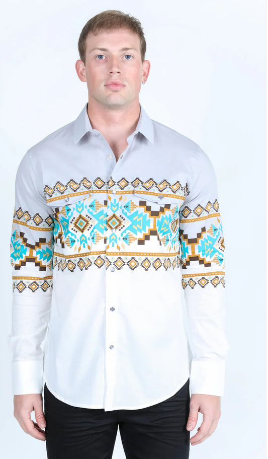 Men's Platini Modern Fit Panoramic Aztec Print Long Sleeve Shirt - White
