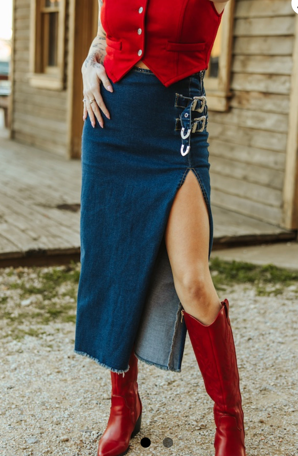 Dark Denim Stretch Buckle Slit Skirt