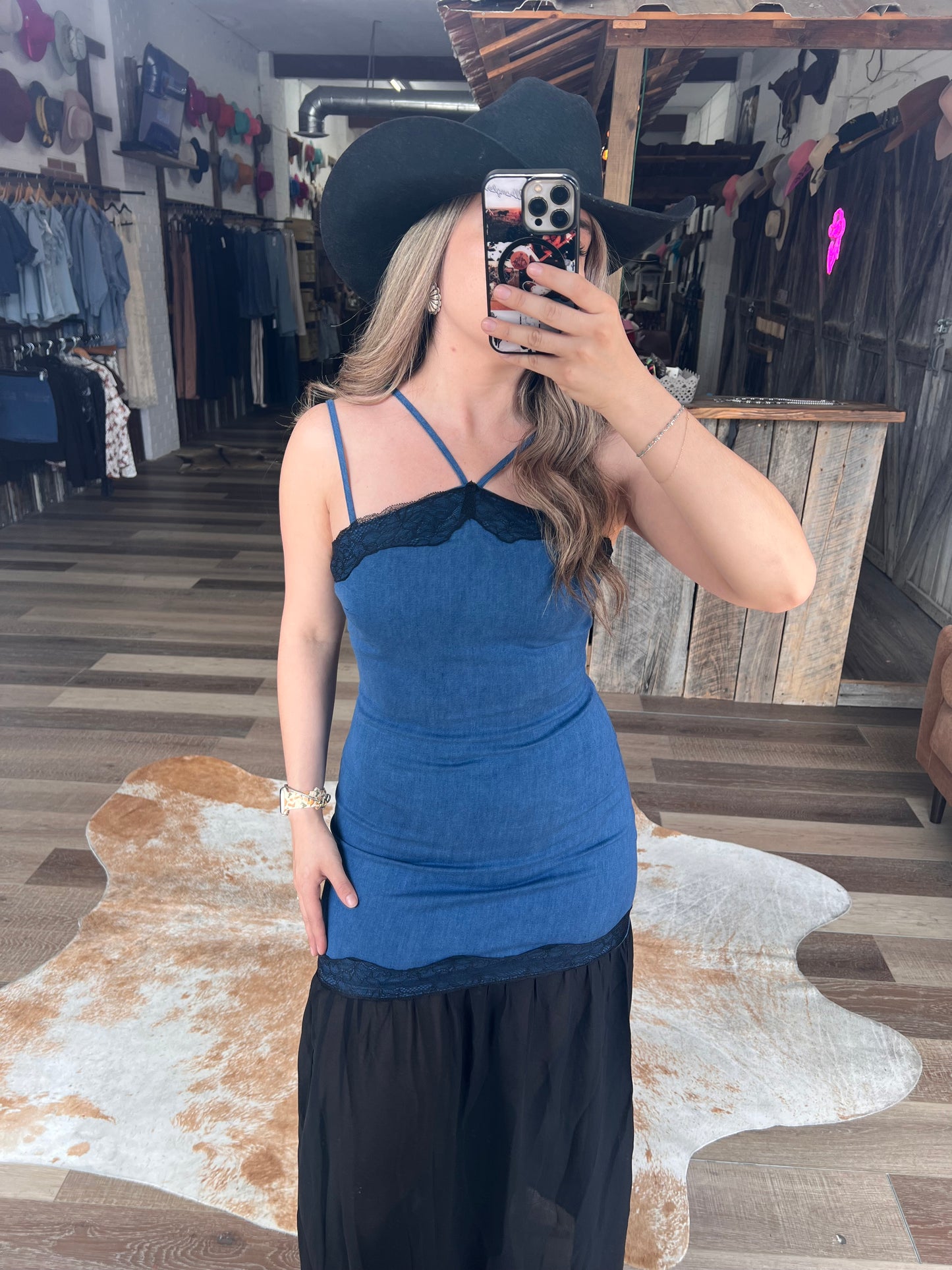 The Denim Maxi Mesh Lace Dress