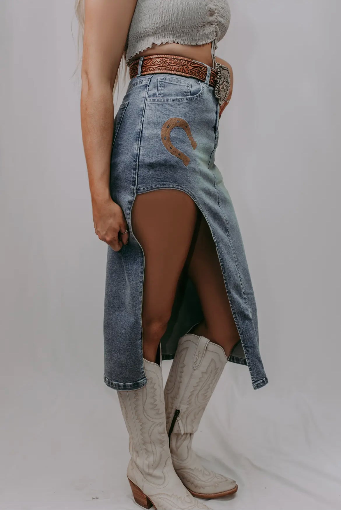 Horse Shoe Cutout Denim Skirt