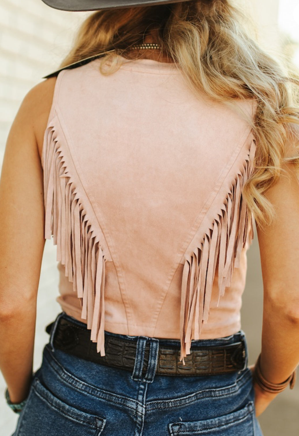 Soft Pink Suede Fringe Top