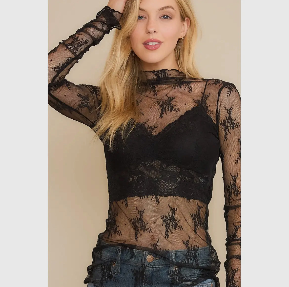 Black Mesh Lace Neck Top