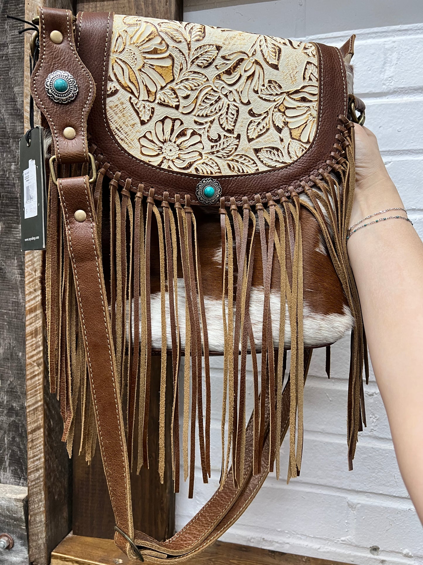Gems Leather & Fringe Bag