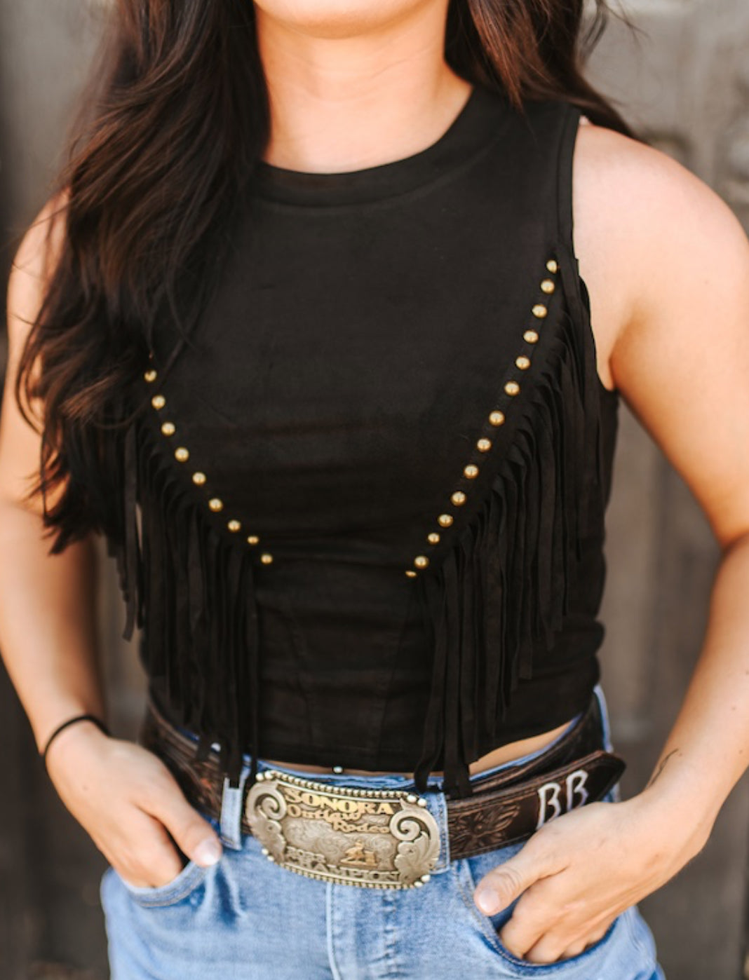 Black Suede Fringe Top