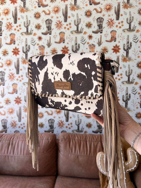 Wrangler CowPrint Fringe Crossbody Brown Bag