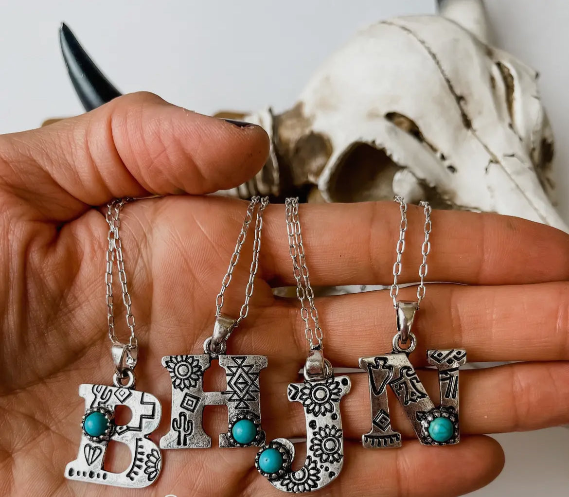 Initial Stamped Turquoise Teardrop Stone Pendant Necklace