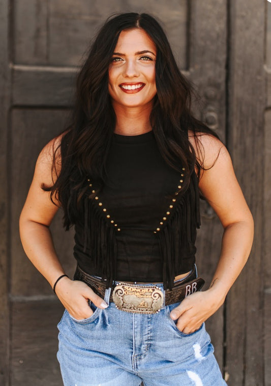 Black Suede Fringe Top