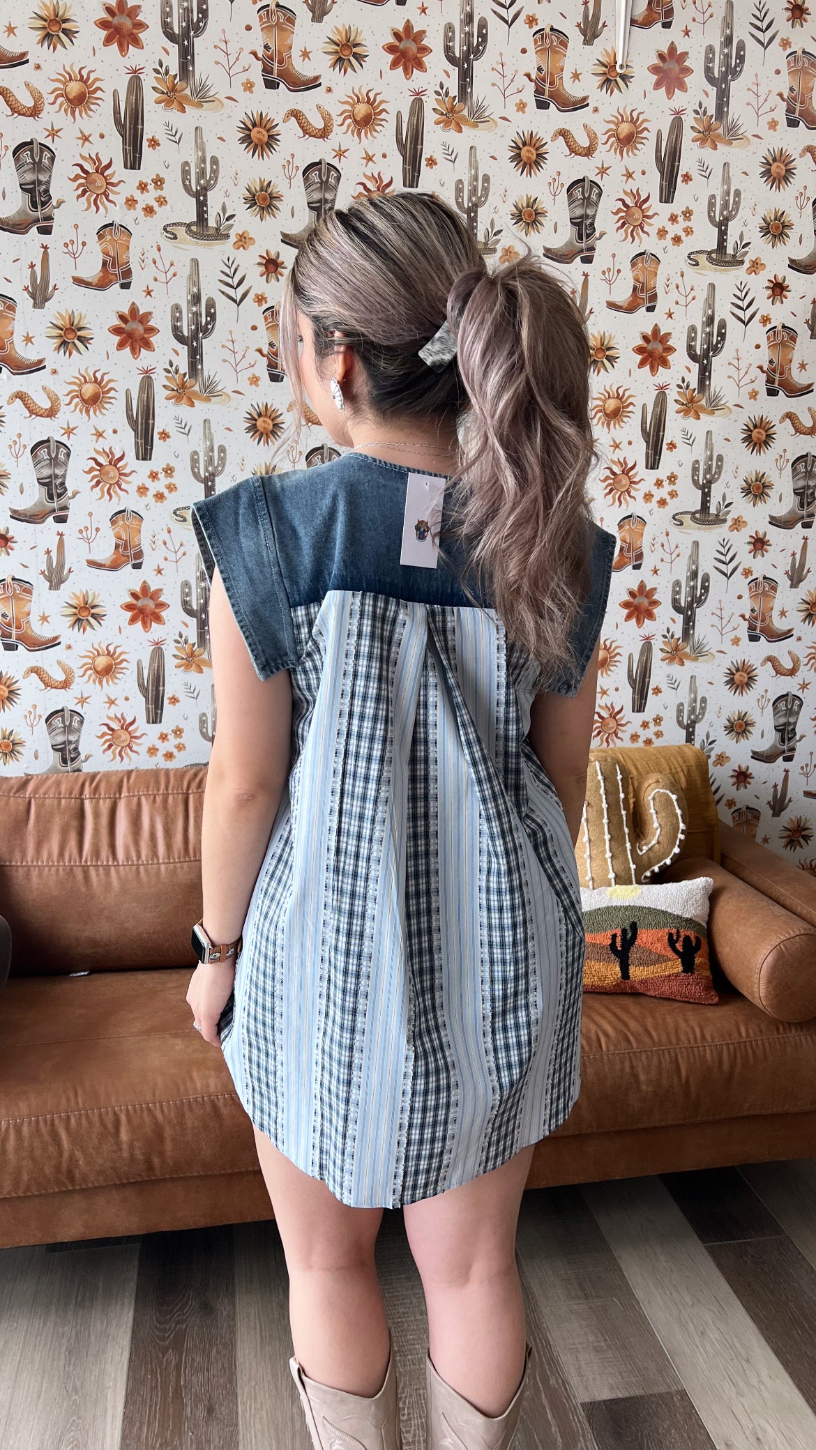 Bow Front Plaid Denim Top