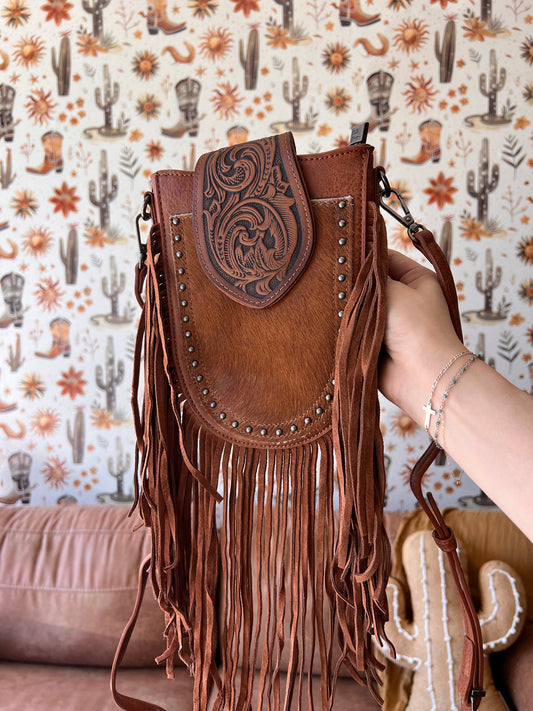 Trinity Ranch Genuine Cowhide Tooled Fringe Crossbody Bag