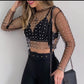 Pearl Rhinestone Studded Mesh Crop Top