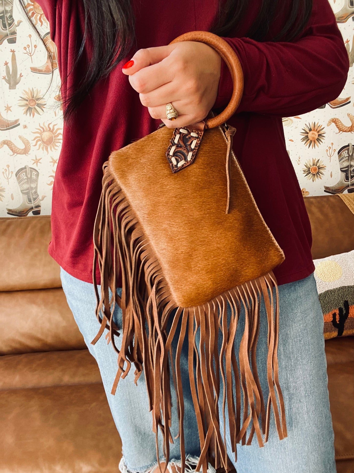 Tan Fringe Cowhide Wristlet