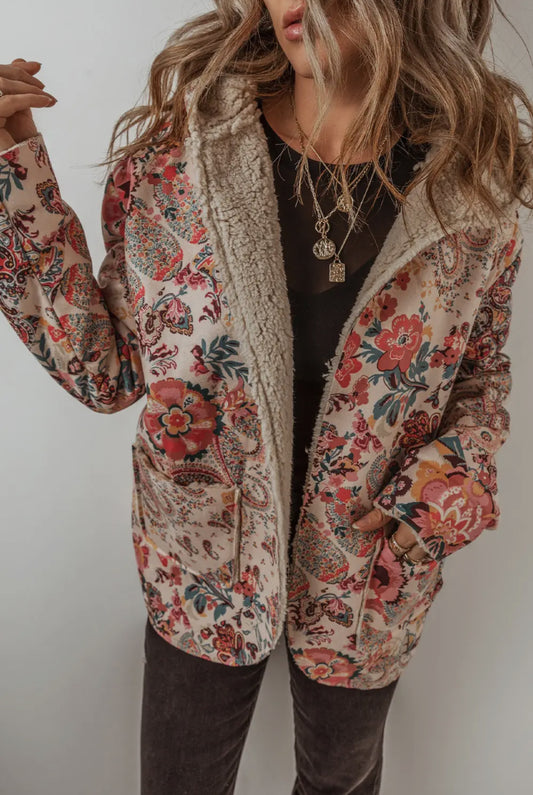 Vintage Paisly Floral Sherpa Linen Hooded Jacket