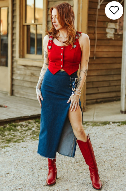 Dark Denim Stretch Buckle Slit Skirt