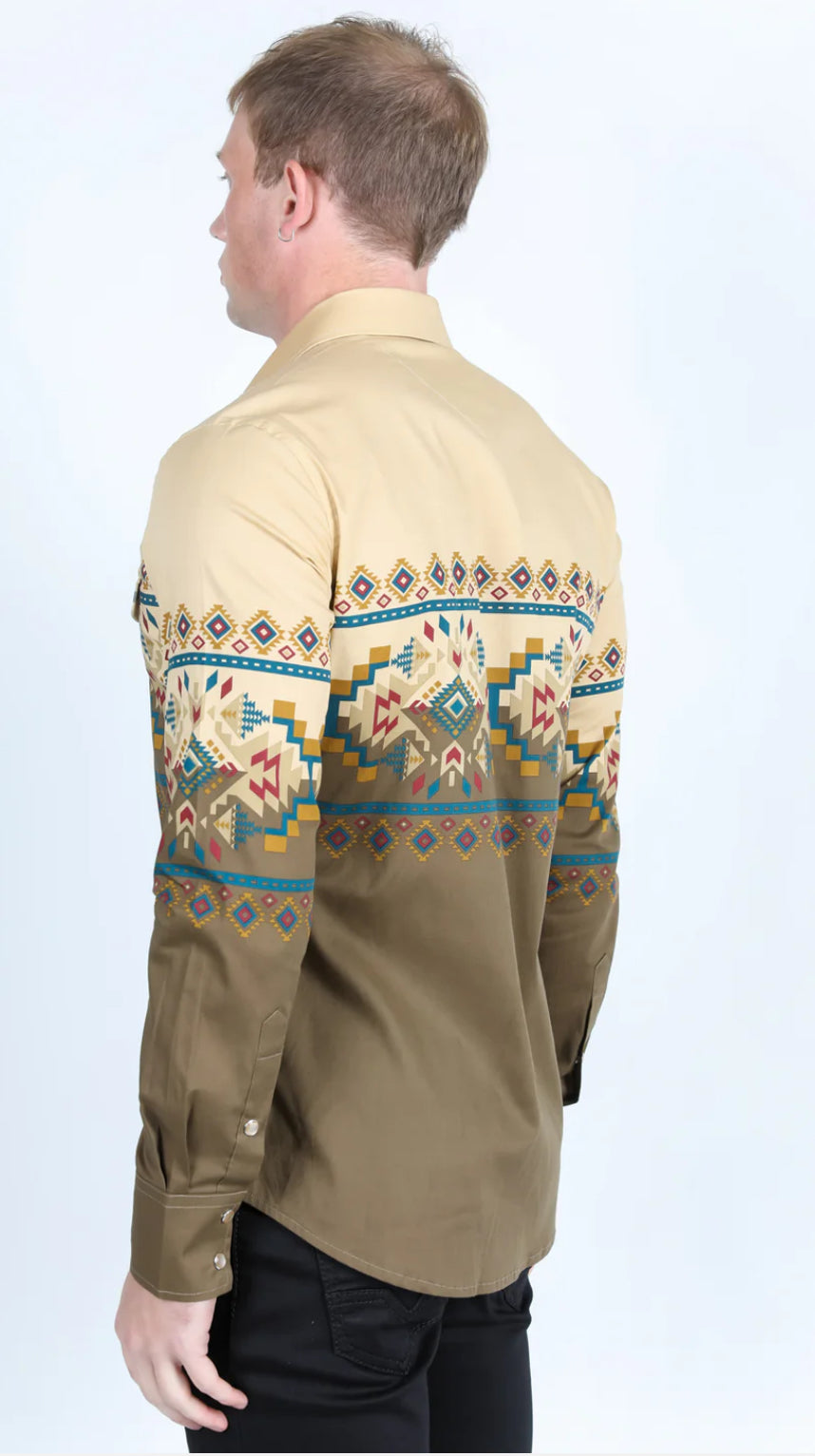 Men's Platini Modern Fit Panoramic Aztec Print Long Sleeve Shirt - White