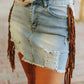 Denim Distressed Skirt W Fringe