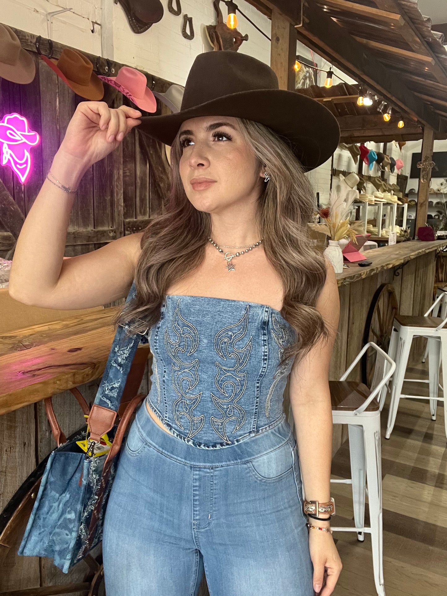 Denim Embroidered Lace Corset
