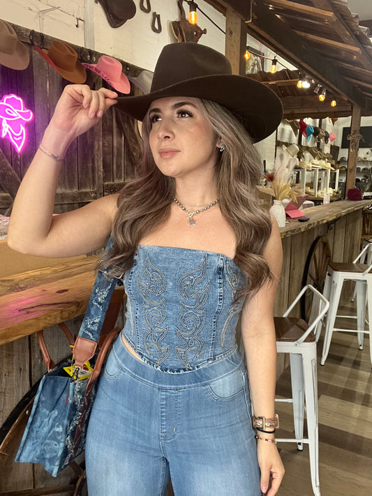 Denim Embroidered Lace Corset