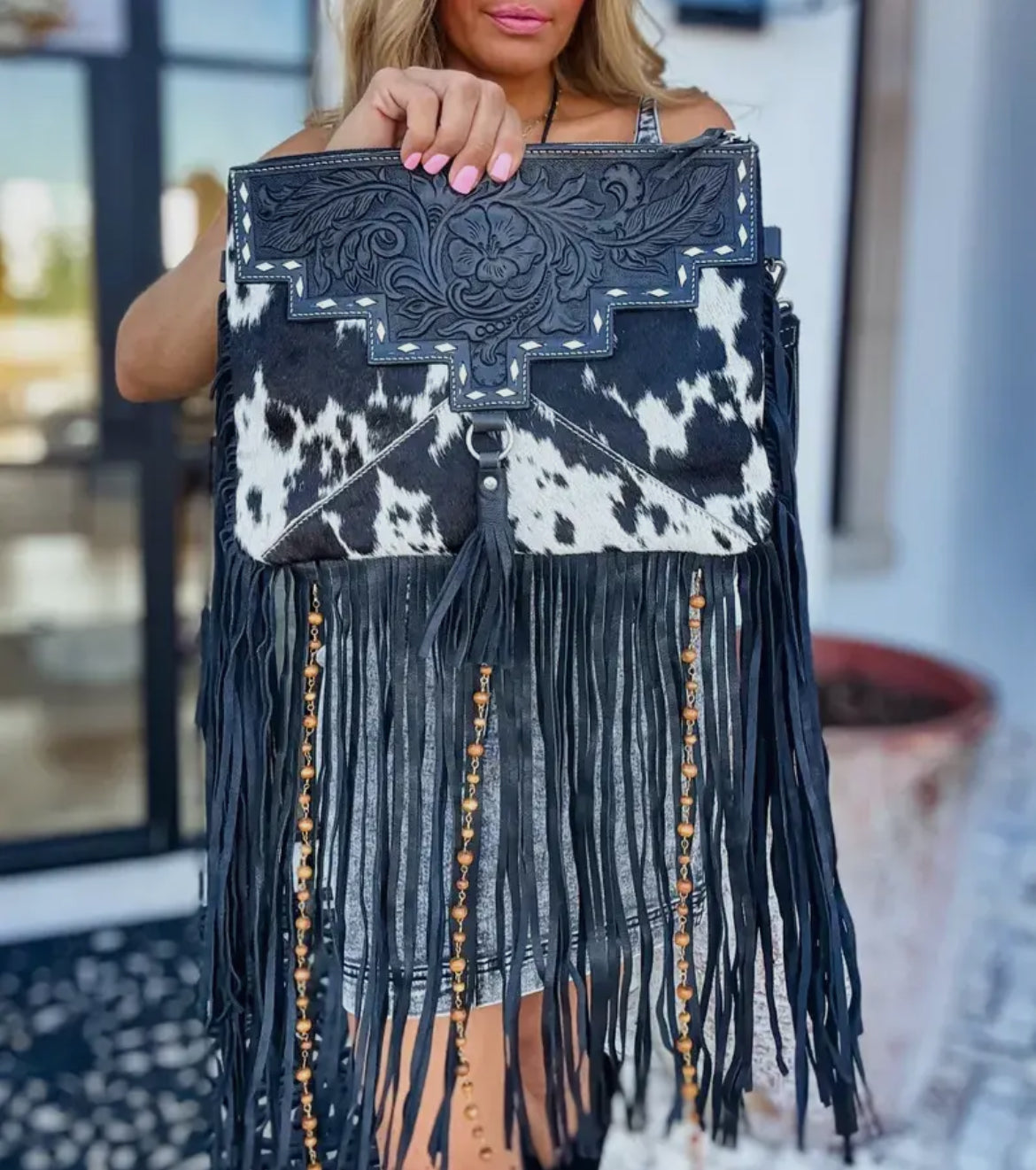 Dixie Black Crossbody Cowhide Western Tooled Leather Fringe Purse