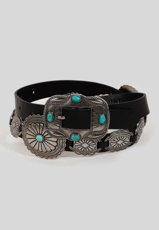 Black Concho Leather Belt with Turquoise