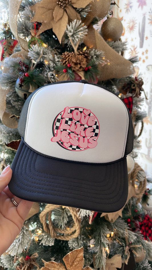 Checkered Love Like Jesus Trucker Hat