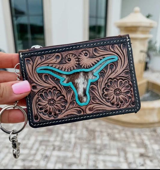 Longhorn Steer Western Cowhide Leather KeyChain Wallet