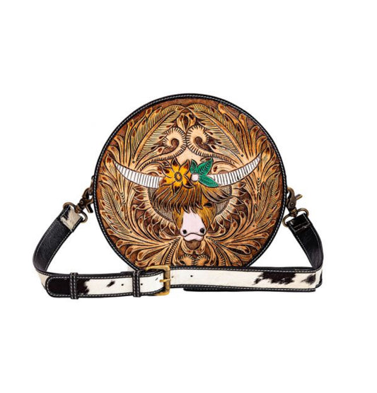 BLOOMIN' STEER HAND-TOOLED ROUND BAG