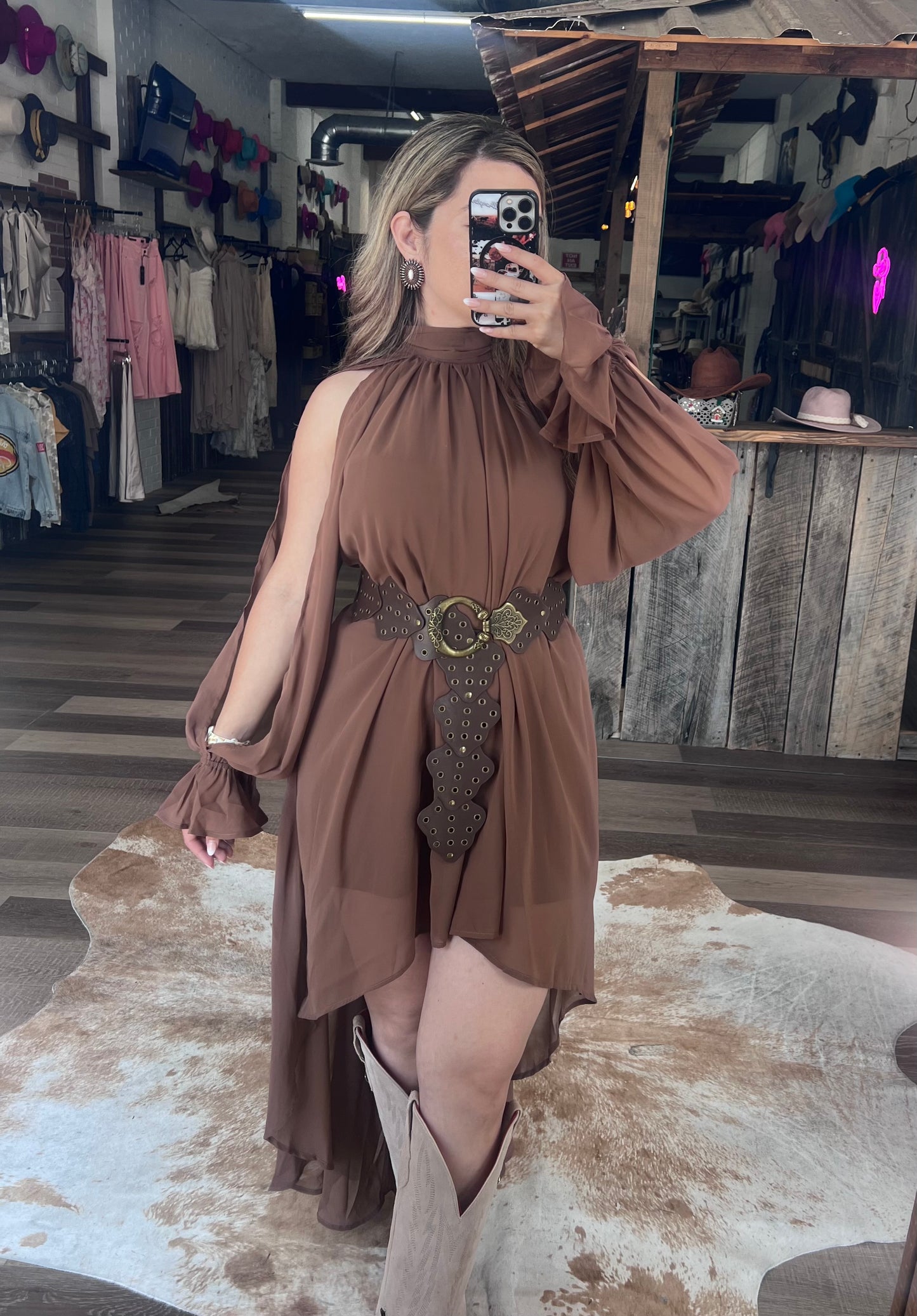 Western Brown Romance Halter Dress