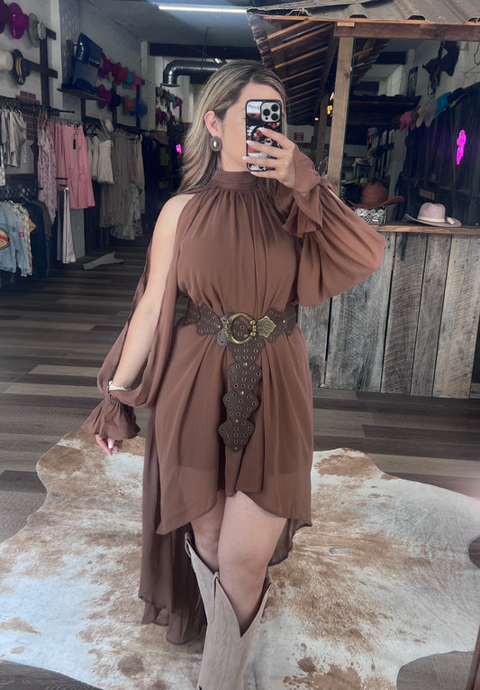 Western Brown Romance Halter Dress