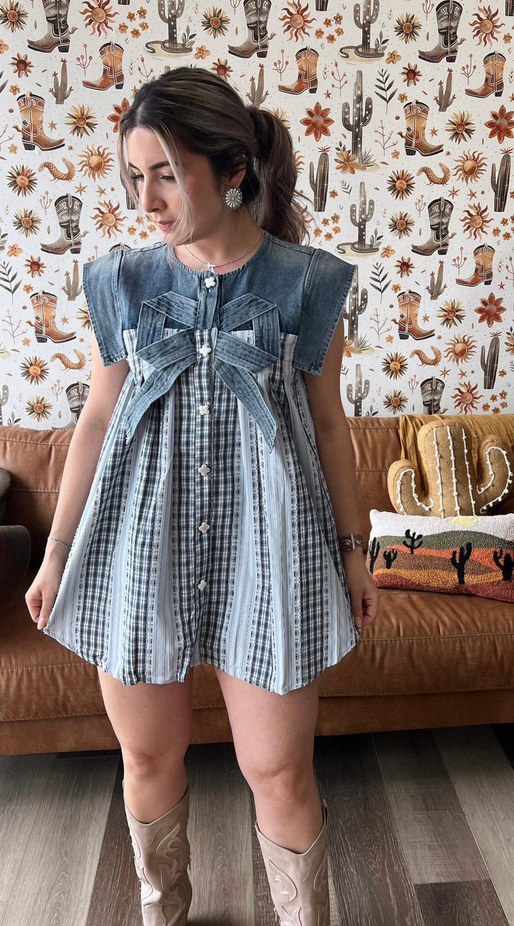 Bow Front Plaid Denim Top