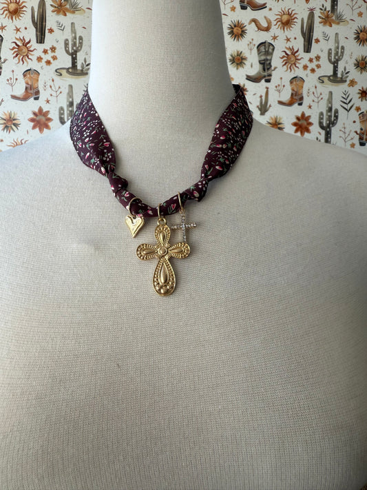 Floral Burgundy Bandana Necklace