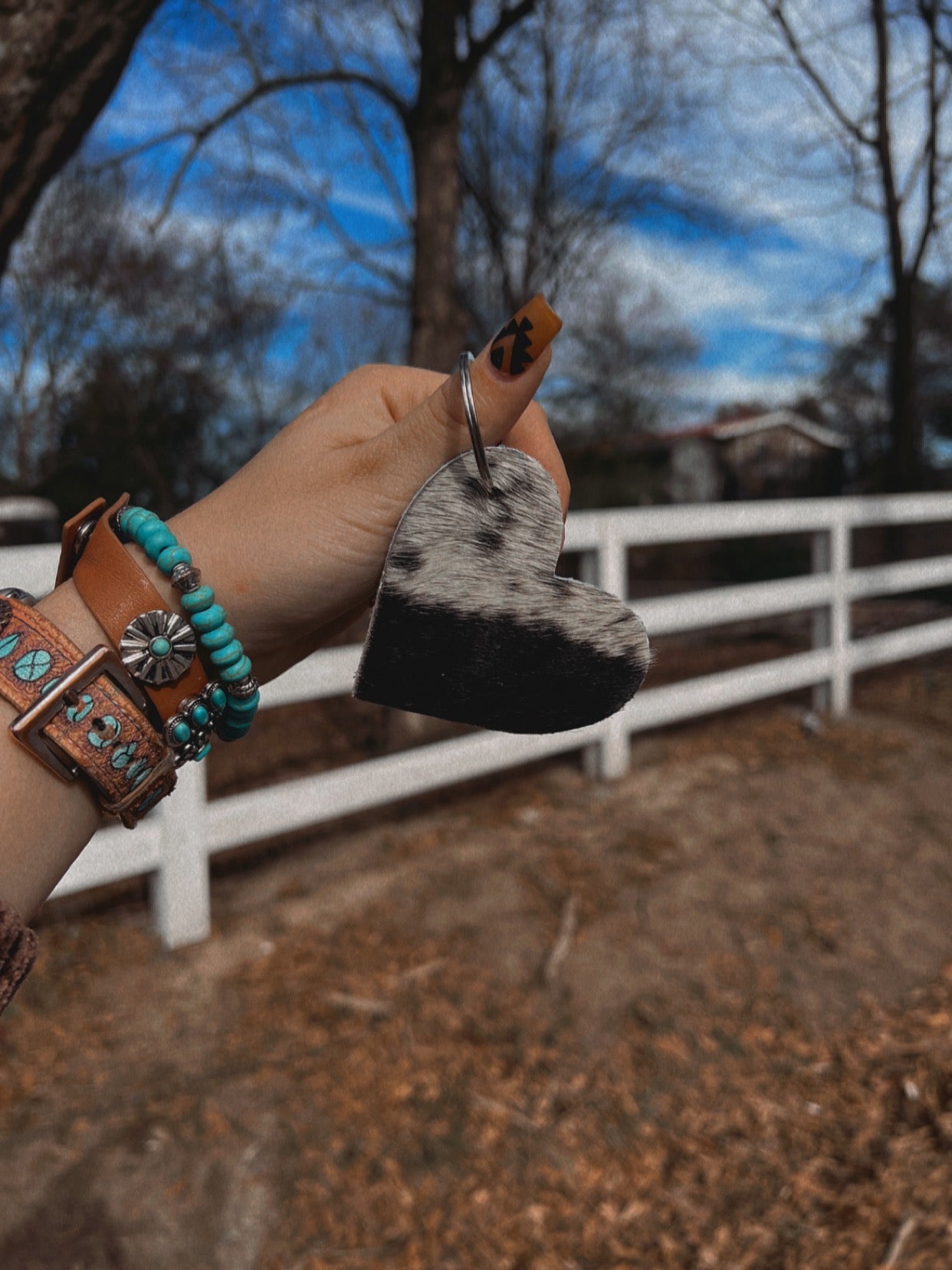 Heart Cowhide Keychain w/ Turquoise.