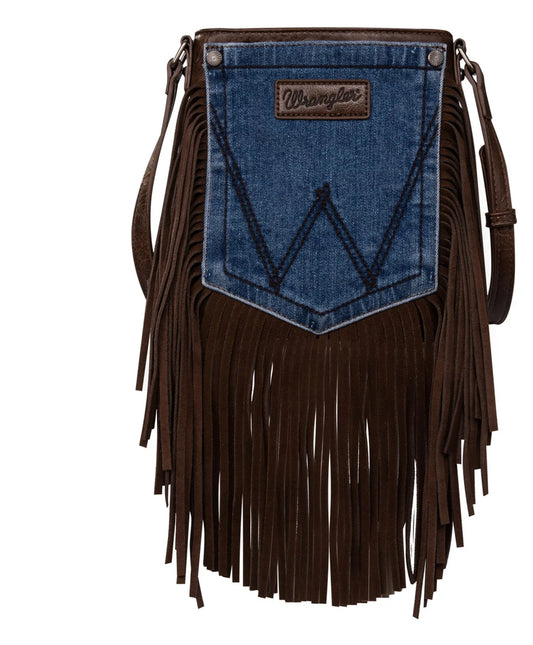 Wrangler Leather Fringe Jean Denim Pocket Crossbody ✨