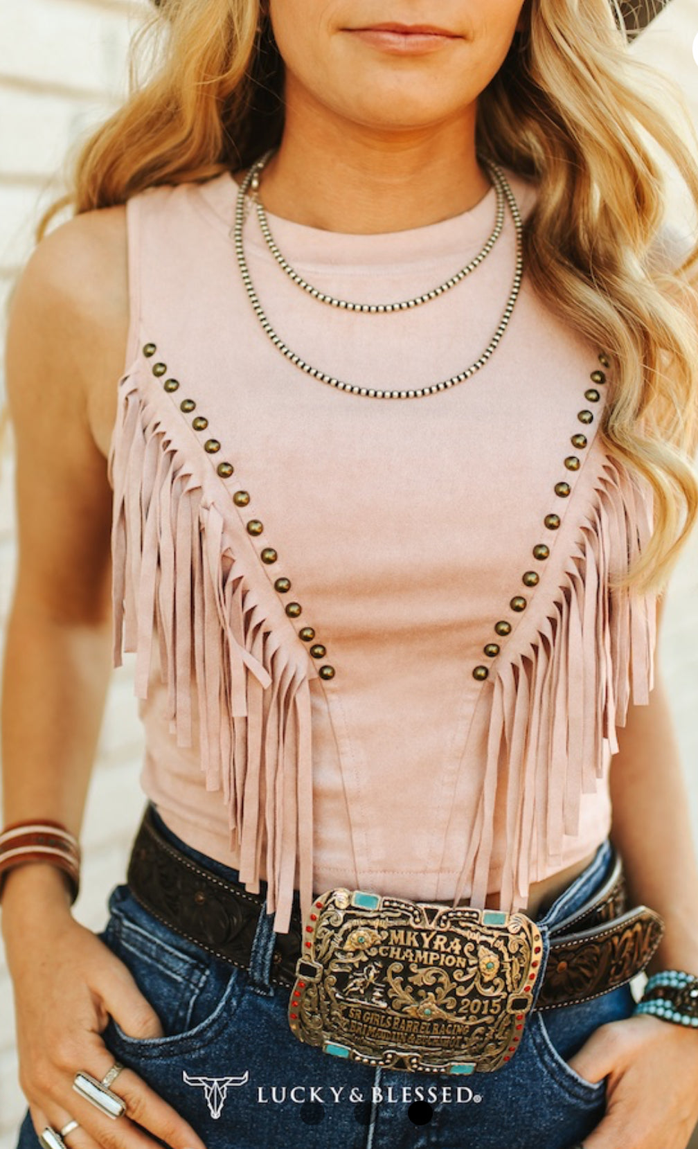 Soft Pink Suede Fringe Top