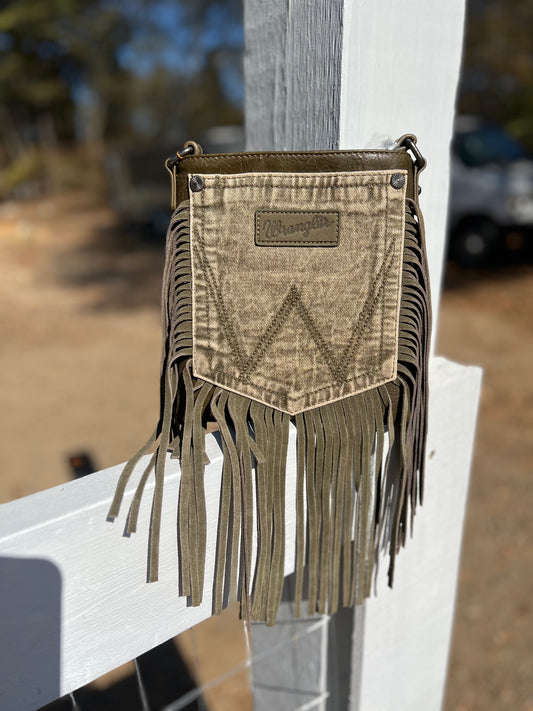 Green Wrangler Leather Fringe Jean Denim Pocket Crossbody