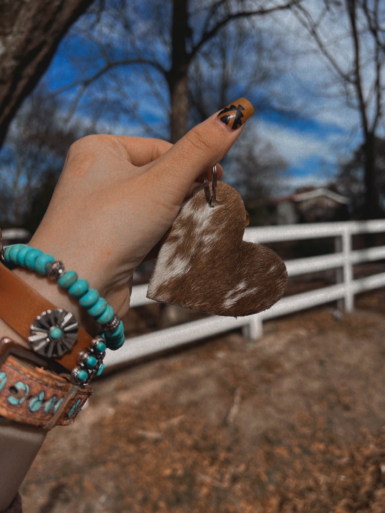 Heart Cowhide Keychain w/ Turquoise.