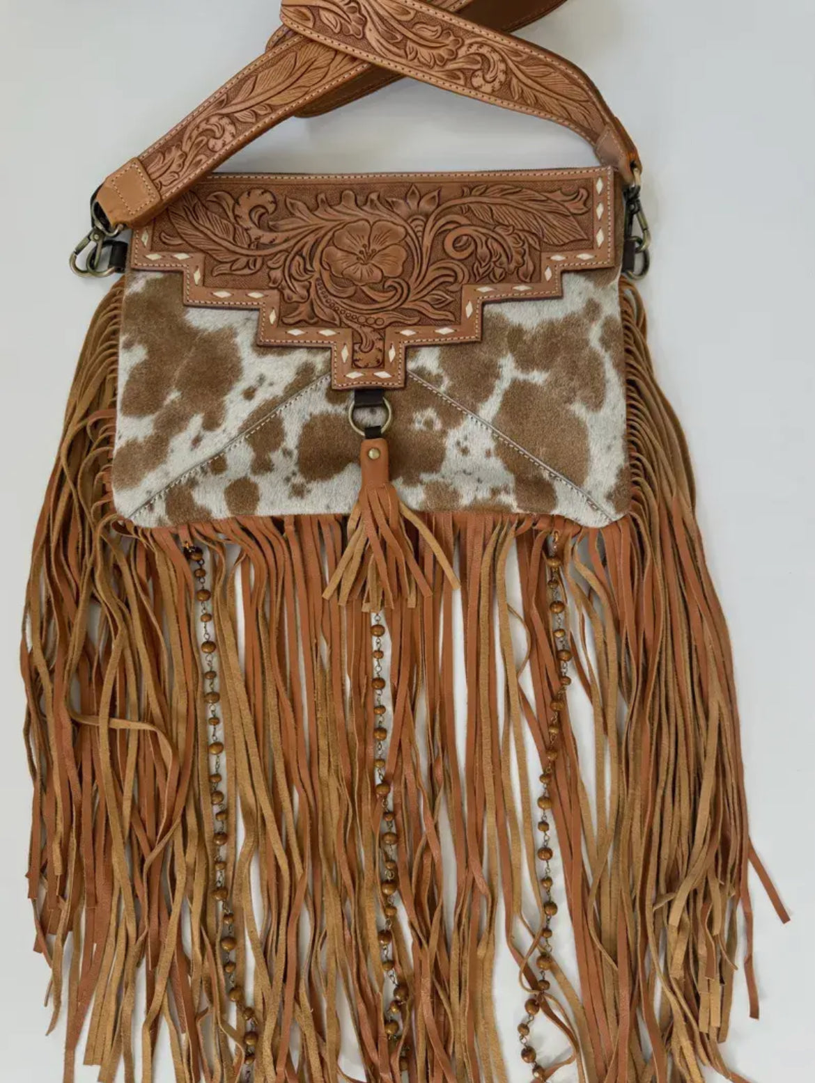 Tan Dixie Cowhide Crossbody Western Tooled Leather Fringe Purse