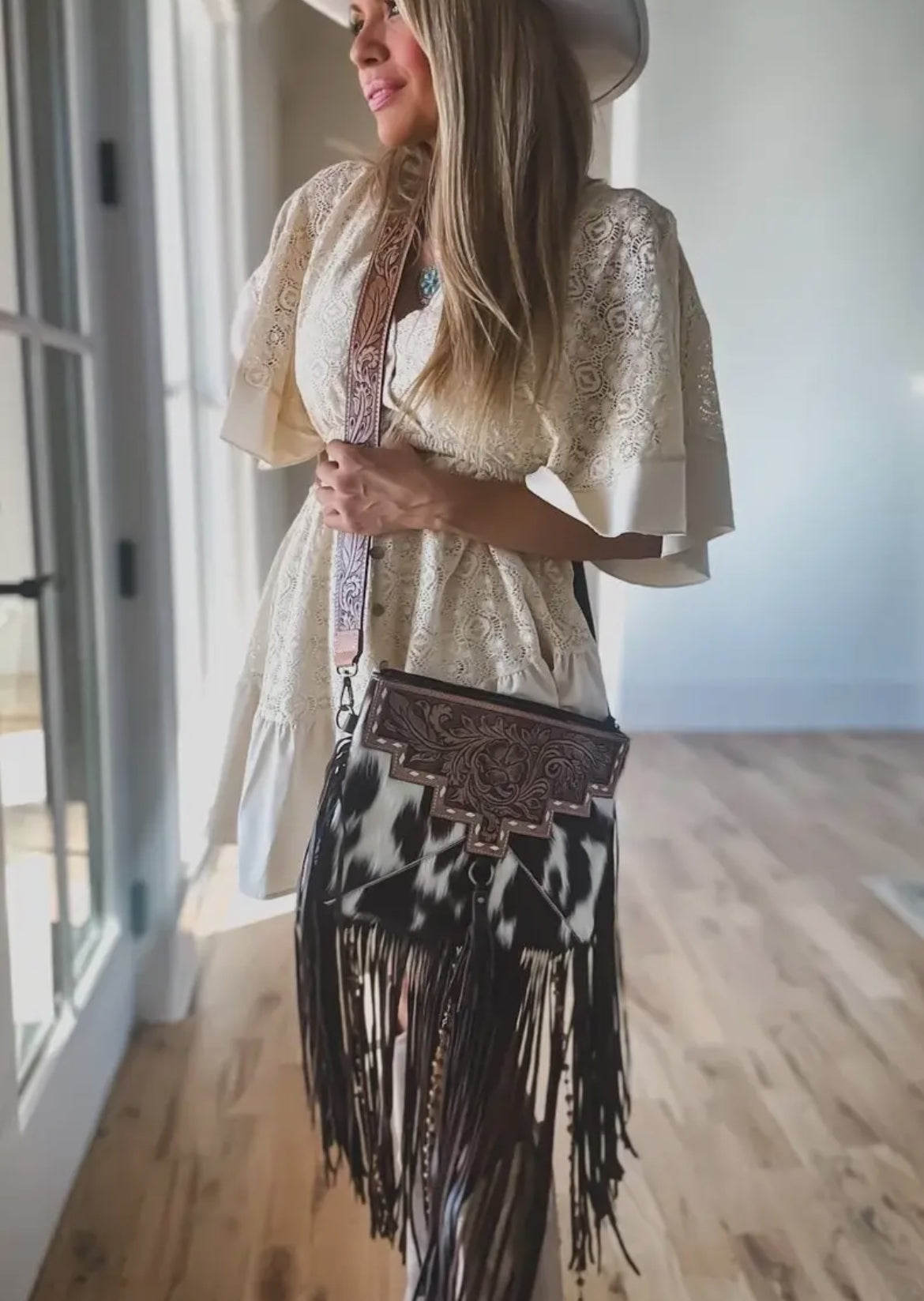 Brown Dixie Cowhide Crossbody Western Tooled Leather Fringe Purse