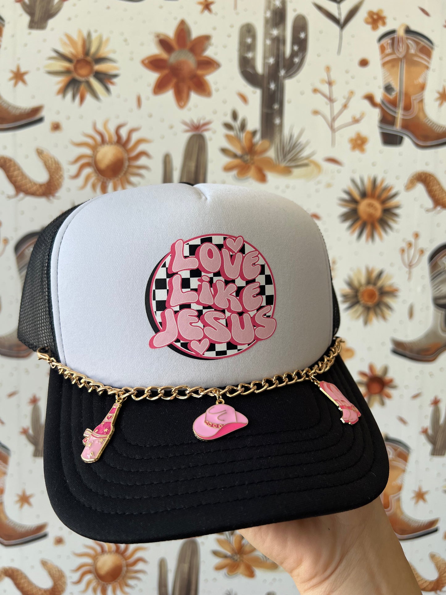 Checkered Love Like Jesus Trucker Hat & Cowgirl Chain
