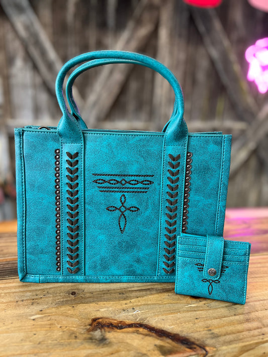 Montana West Whipstitch Concealed Carry Tote With Matching Bi-Fold Wallet- Turquoise