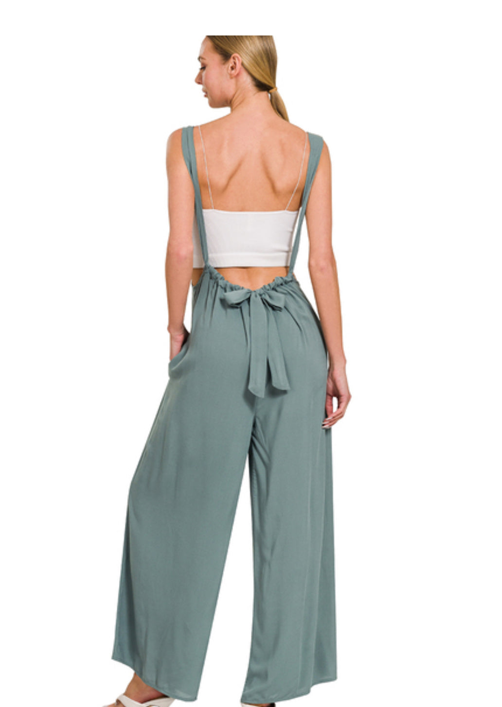 Ash Jade- Woven Tie Back Suspender Jumpsuit with Pockets