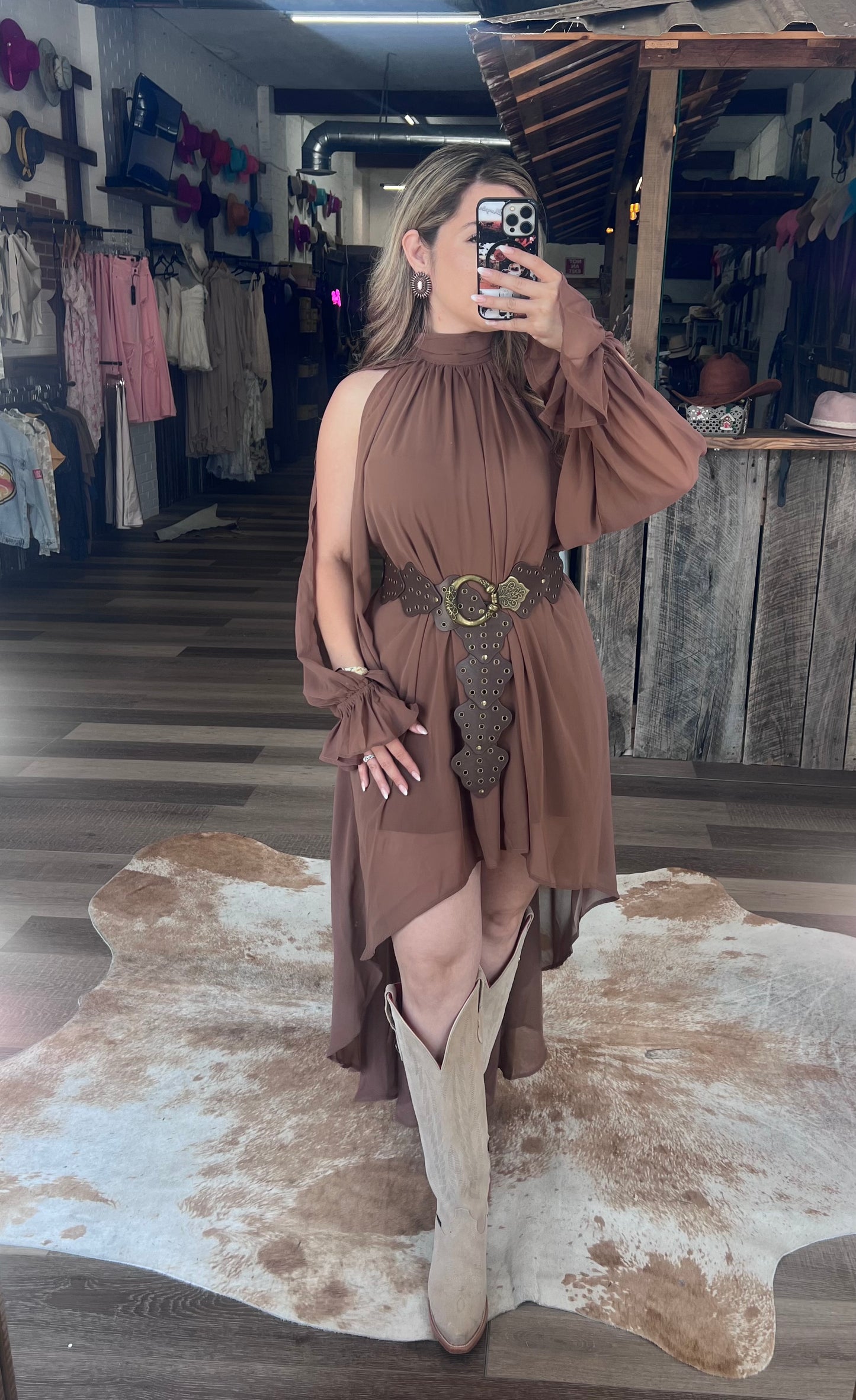 Western Brown Romance Halter Dress