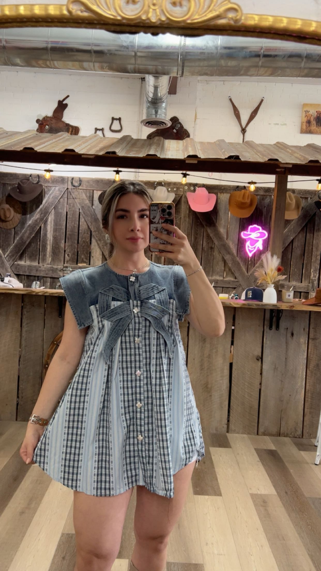 Bow Front Plaid Denim Top
