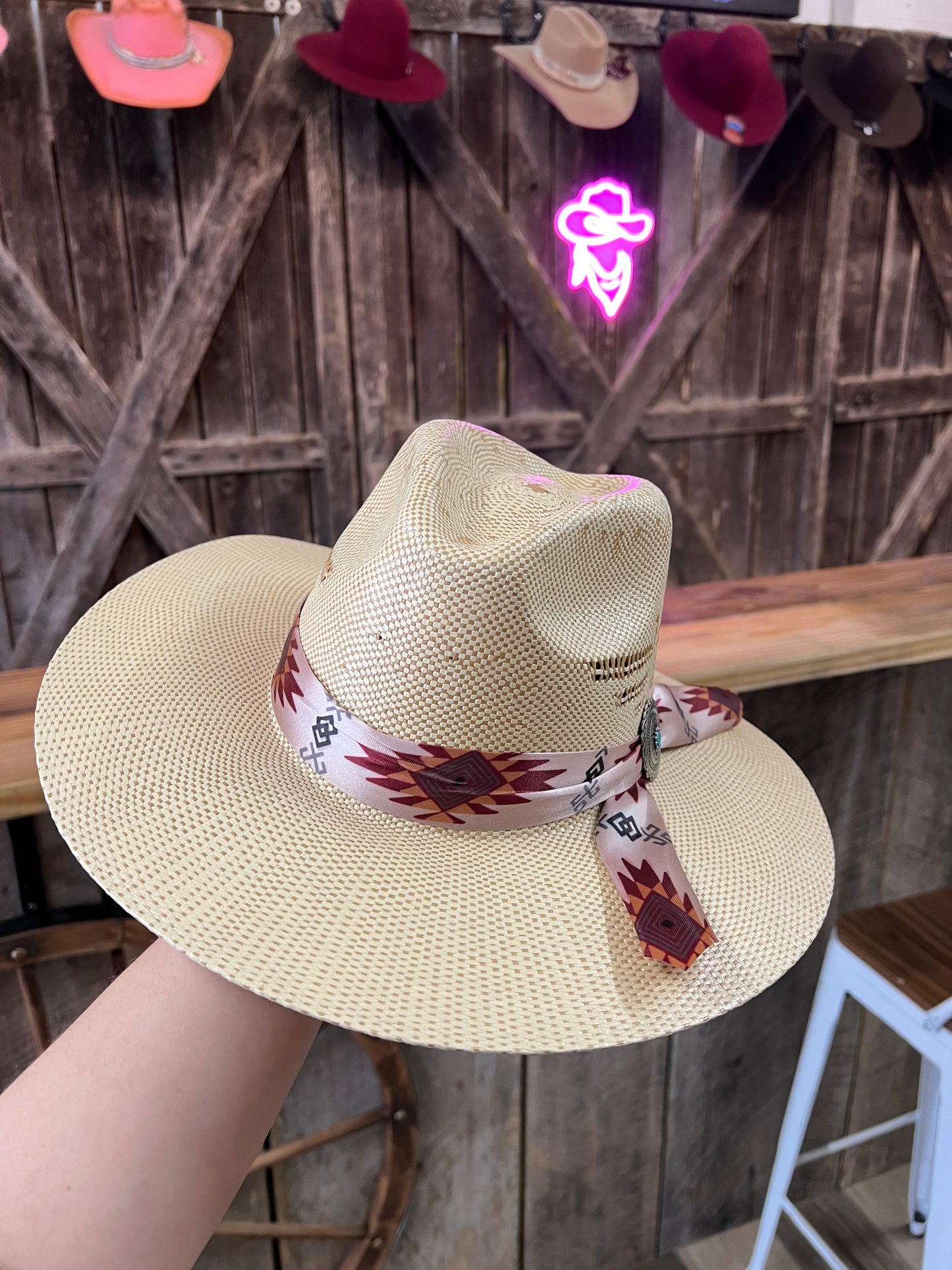 Light Brown Straw Hat with Aztec Band!